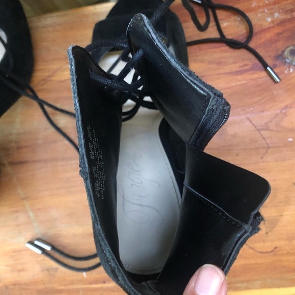 Fergie Black Suede Riviera Open Toe Lace-Up Stacked Heel Booties - Picture 8 of 10